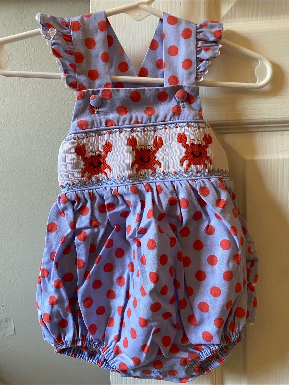 Toddler Crab Smocked Polka Dot Bubble Romper - Blue & Red